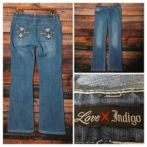 Love Indigo Jeans Size 8 Embellished Cross Boot Cut Mid Rise Blue Denim Stretch